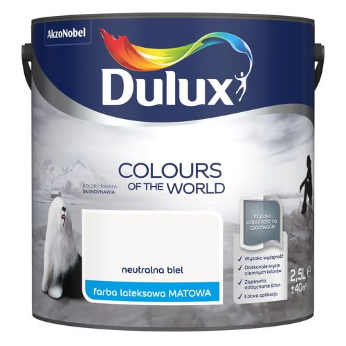 Farba lateksowa Dulux Kolory Świata Neutralna Biel 2,5L do ścian i sufitów matowa odporna na zmywanie do wnętrz