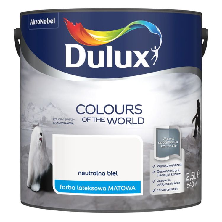 Farba lateksowa Dulux Kolory Świata Neutralna Biel 2,5L do ścian i sufitów matowa odporna na zmywanie do wnętrz