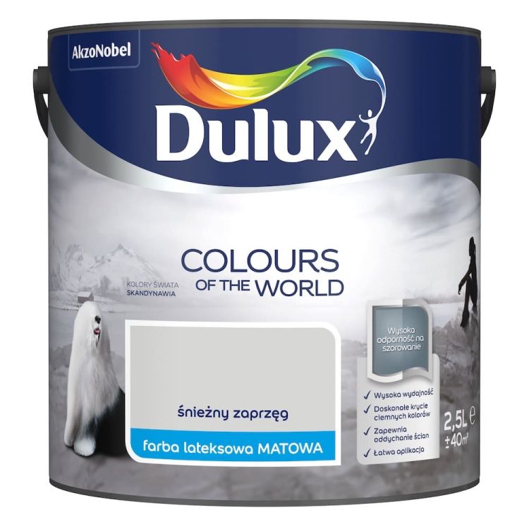 Farba lateksowa Dulux Kolory Świata Śnieżny Zaprzęg 2,5L do ścian i sufitów matowa odporna na zmywanie do wnętrz