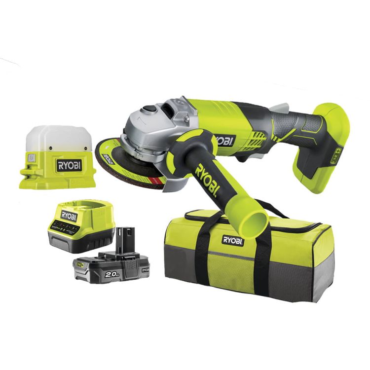 zestaw ryobi szlifierka kątowa + akumulator + latarka + torba