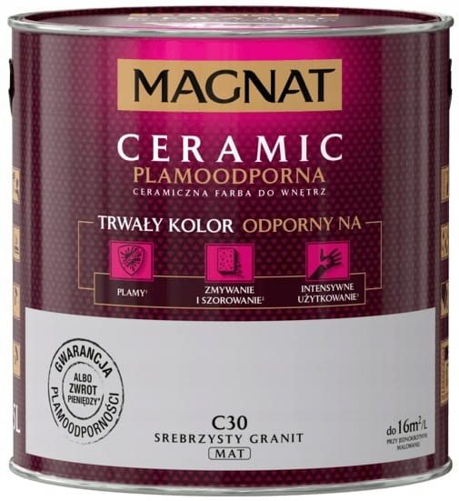 Farba Magnat Ceramic C30 Srebrzysty Granit 2,5L do ścian i sufitów odporna na plamy i szorowanie do wnętrz