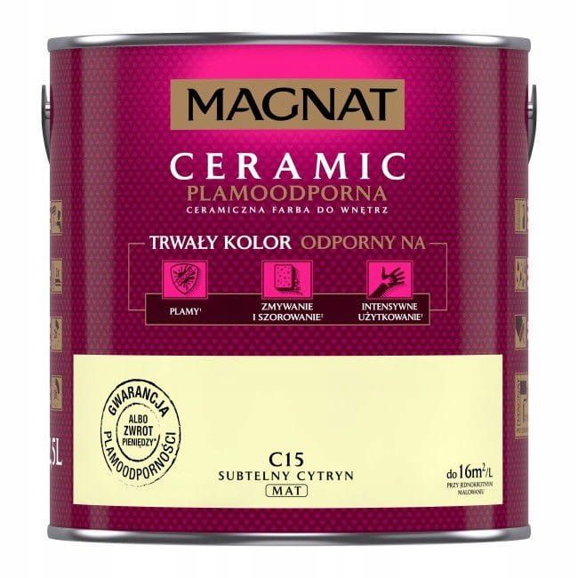 Farba Magnat Ceramic C15 Subtelny Cytryn 2,5L do ścian i sufitów odporna na plamy i szorowanie do wnętrz