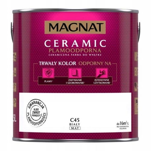 Farba Magnat Ceramic C45 Biały 2,5L do ścian i sufitów odporna na plamy i szorowanie do wnętrz