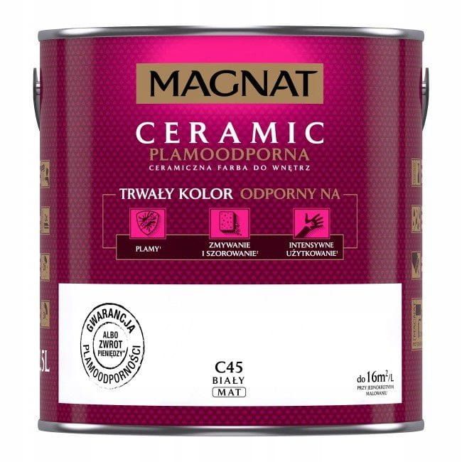 Farba Magnat Ceramic C45 Biały 2,5L do ścian i sufitów odporna na plamy i szorowanie do wnętrz