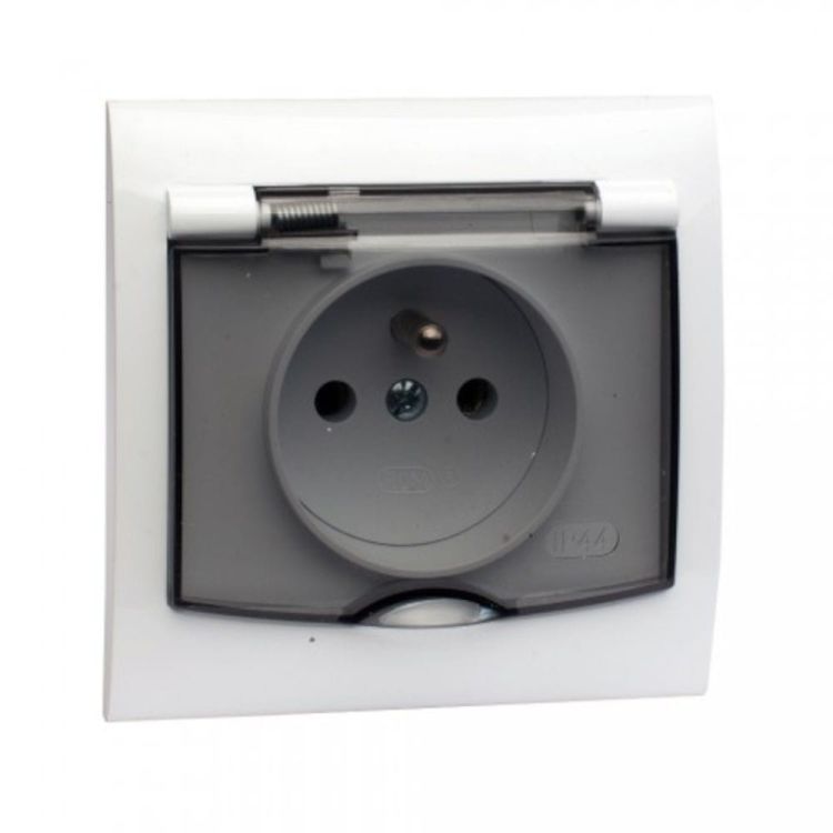 Vega gniazdo bryzgoszczelne białe z klapką dymną z uziemieniem – zdjęcie 1