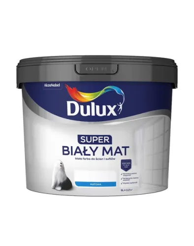 Farba akrylowa Dulux Super Biały Mat 9L do ścian i sufitów wewnętrznych o głęboko matowym wykończeniu