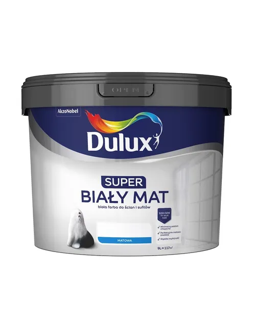 Farba akrylowa Dulux Super Biały Mat 9L do ścian i sufitów wewnętrznych o głęboko matowym wykończeniu