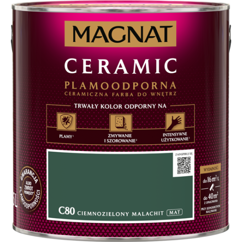 Farba Magnat Ceramic C80 Ciemnozielony Malachit 2,5L do ścian i sufitów odporna na plamy i szorowanie do wnętrz