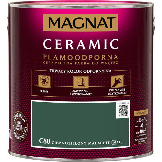 Farba Magnat Ceramic C80 Ciemnozielony Malachit 2,5L do ścian i sufitów odporna na plamy i szorowanie do wnętrz